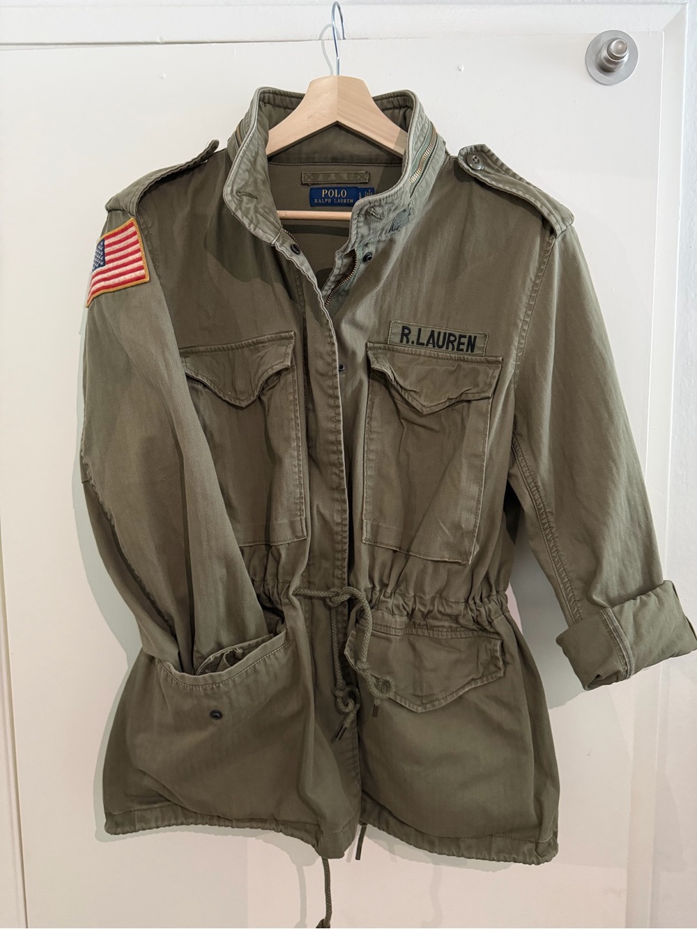 Polo Ralph Lauren Women’s M-65 Field Jacket Olive Military Flag Patch Sz L